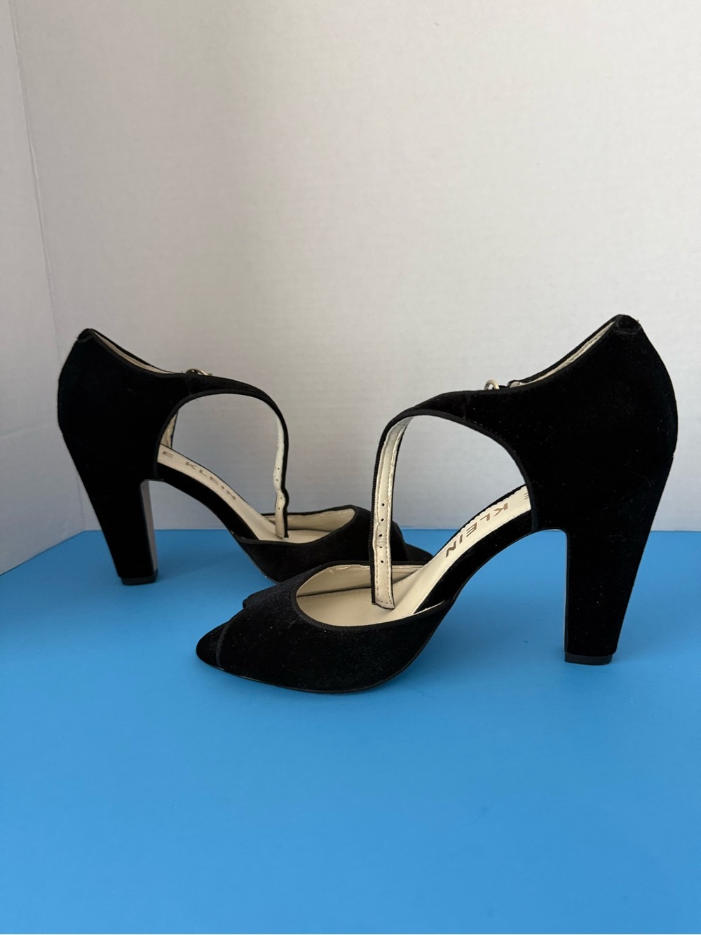 Anne Klein Black Suede T-Strap Peep-Toe Heels